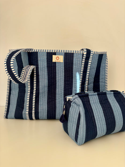 Navy Blue Stripes Quilted Tote Bag Set