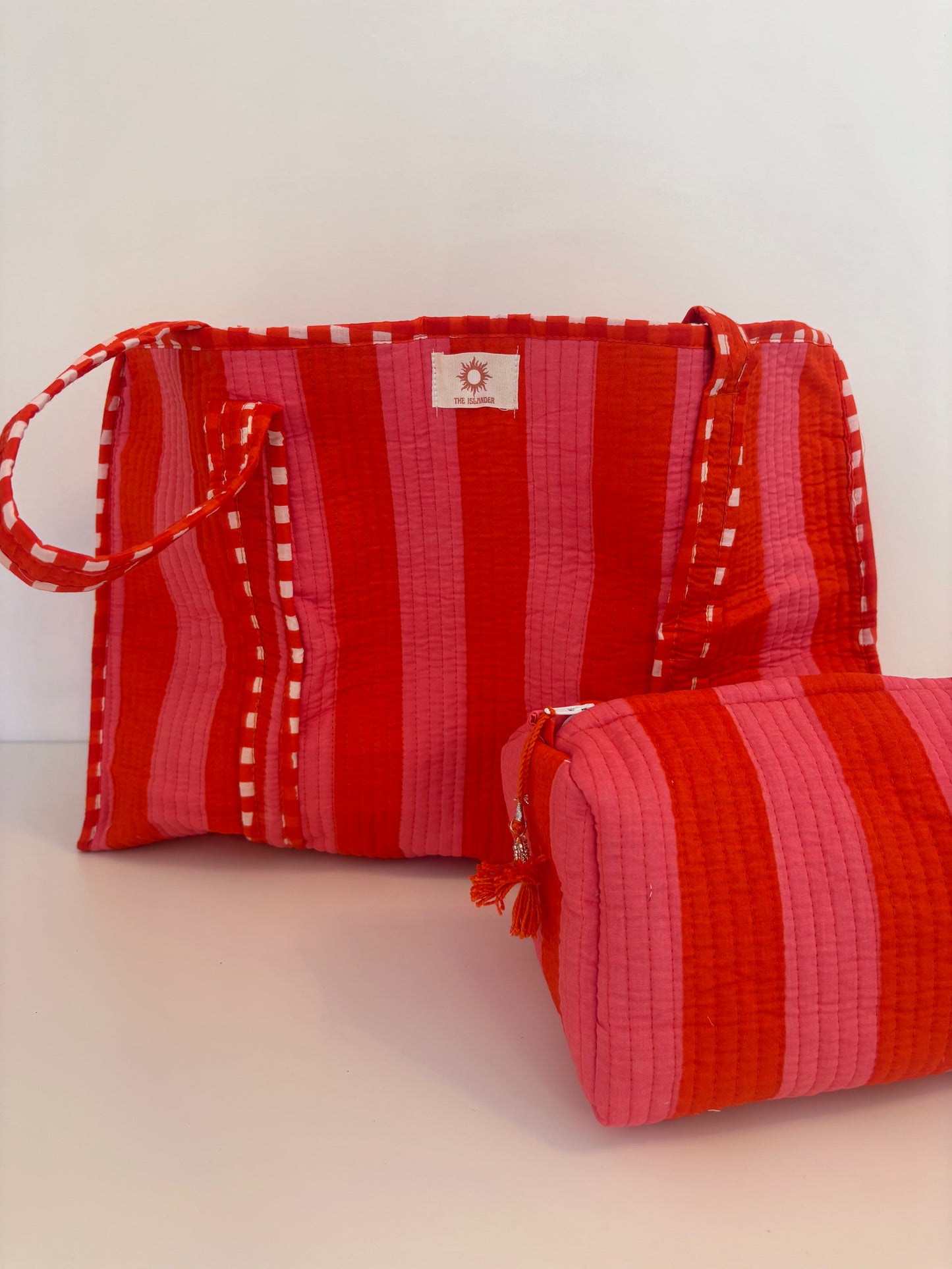 Coral & Pink Stripes Quilted Tote Bag Set