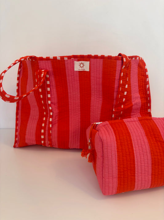 Coral & Pink Stripes Quilted Tote Bag Set