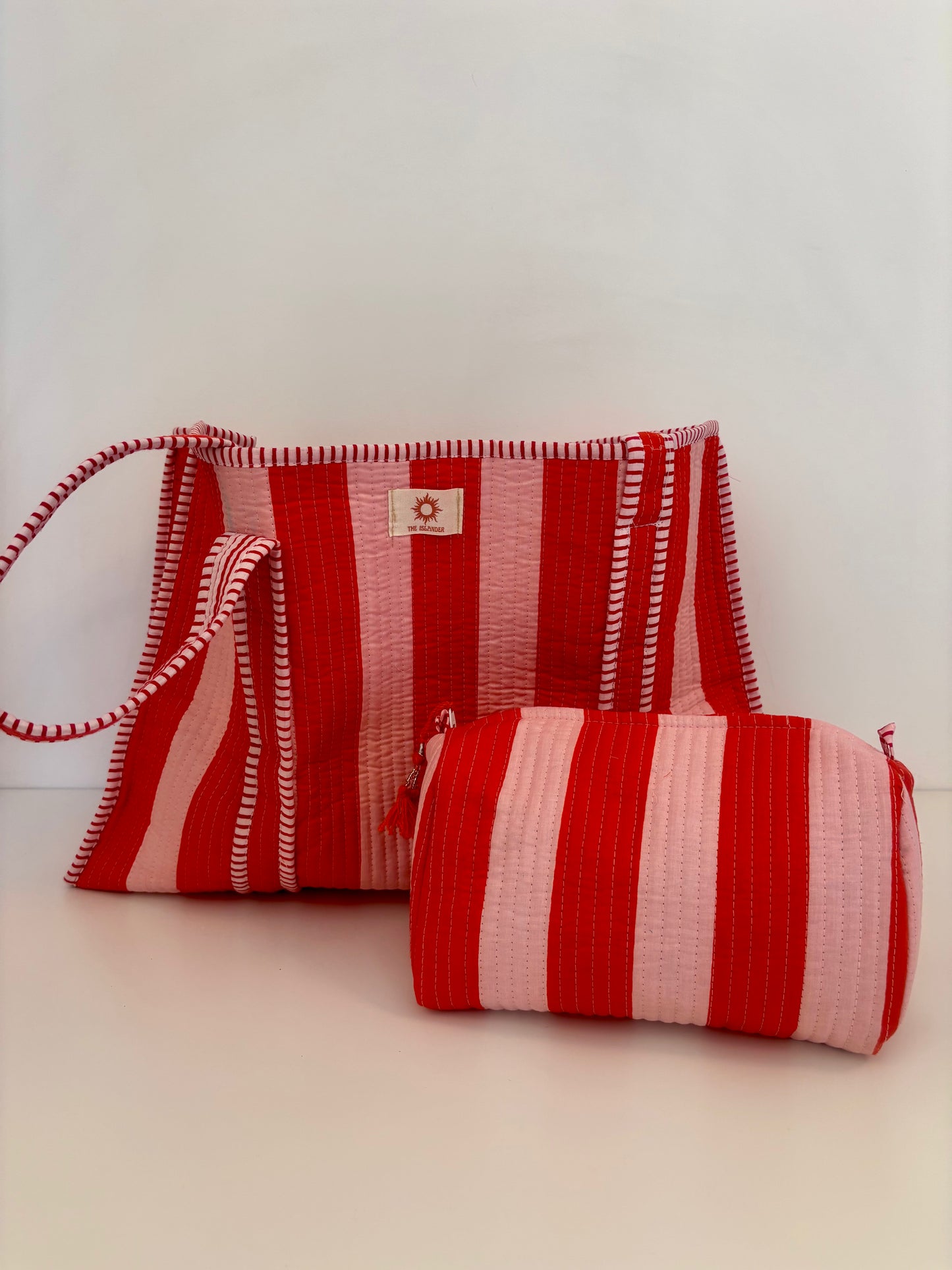 Pink & Red Stripes Quilted Tote Bag Set