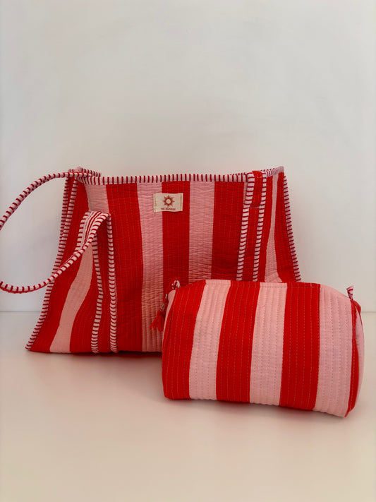 Pink & Red Stripes Quilted Tote Bag Set