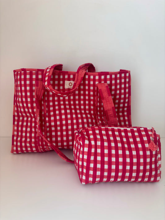 Pink Gingham Quilted Tote Bag Set