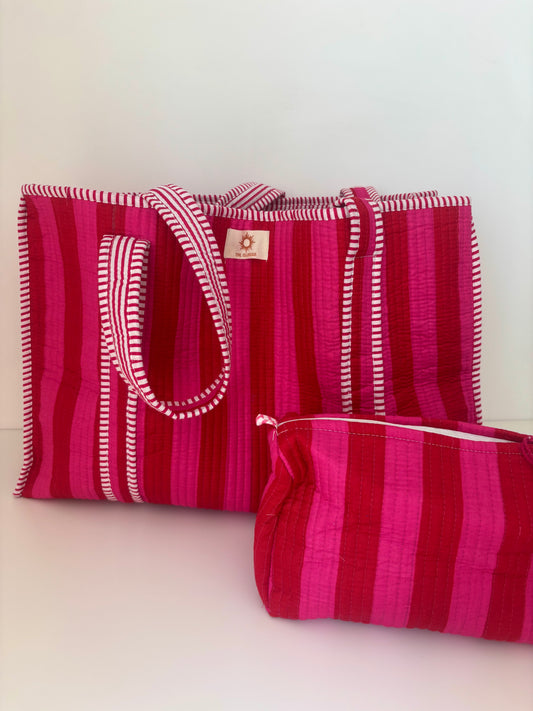 Pink Stripes Quilted Tote Bag Set