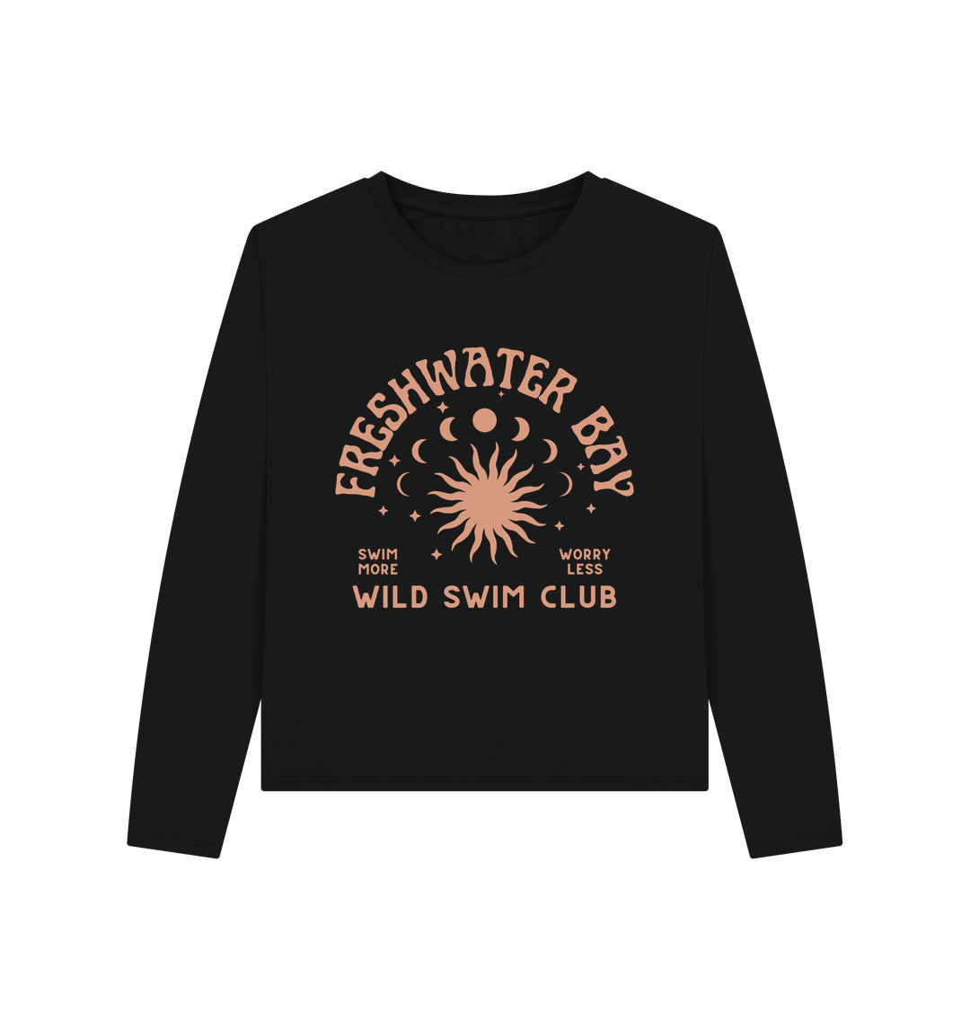 Black Freshwater Bay - Women's Heavyweight Long Sleeve T Shirt - Wild Swim Club