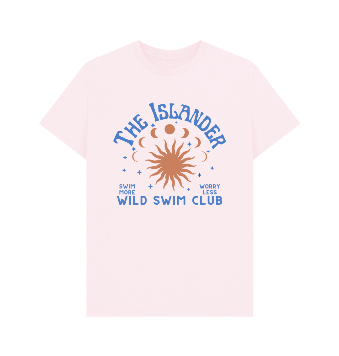 Pink Wild Swim Club - Unisex T Shirt - Swim More\/Worry Less - Sun Moon and Stars